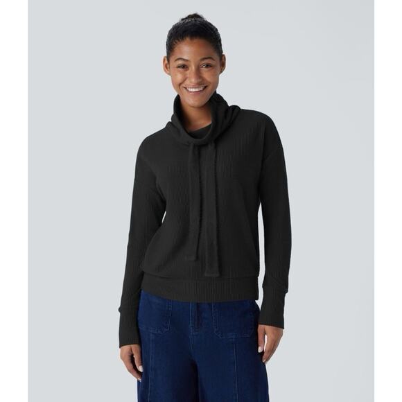 NWT Halara Cowl Neck Drawstring Long Sleeve Relaxed Waffle Sweatshirt Black XL - Picture 1 of 3